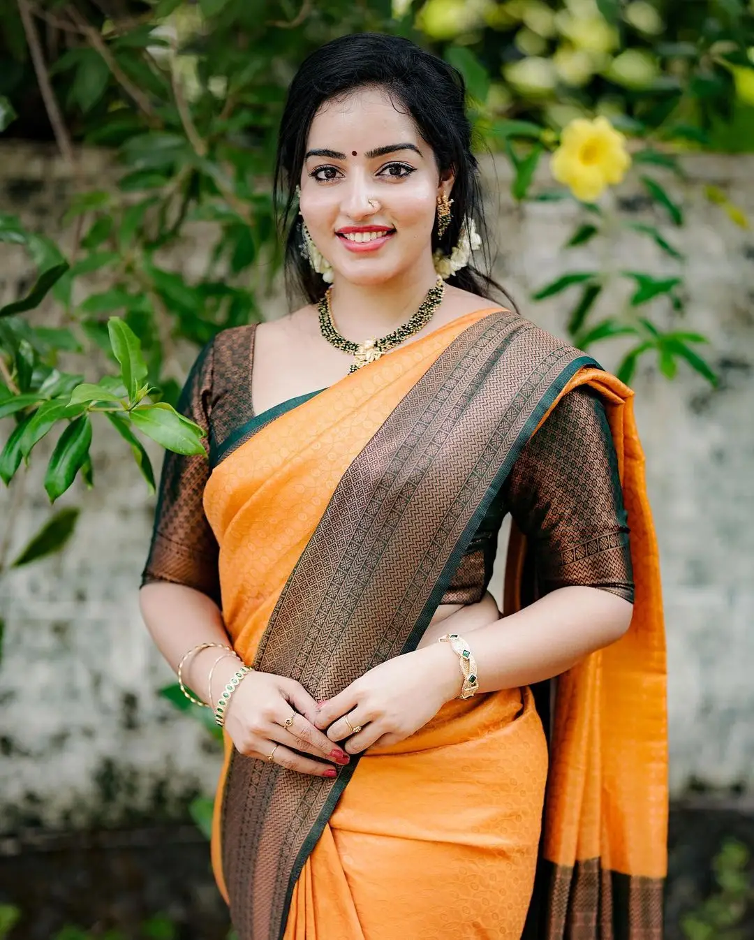 Malavika Menon In South Indian Traditional Yellow Saree Green Blouse